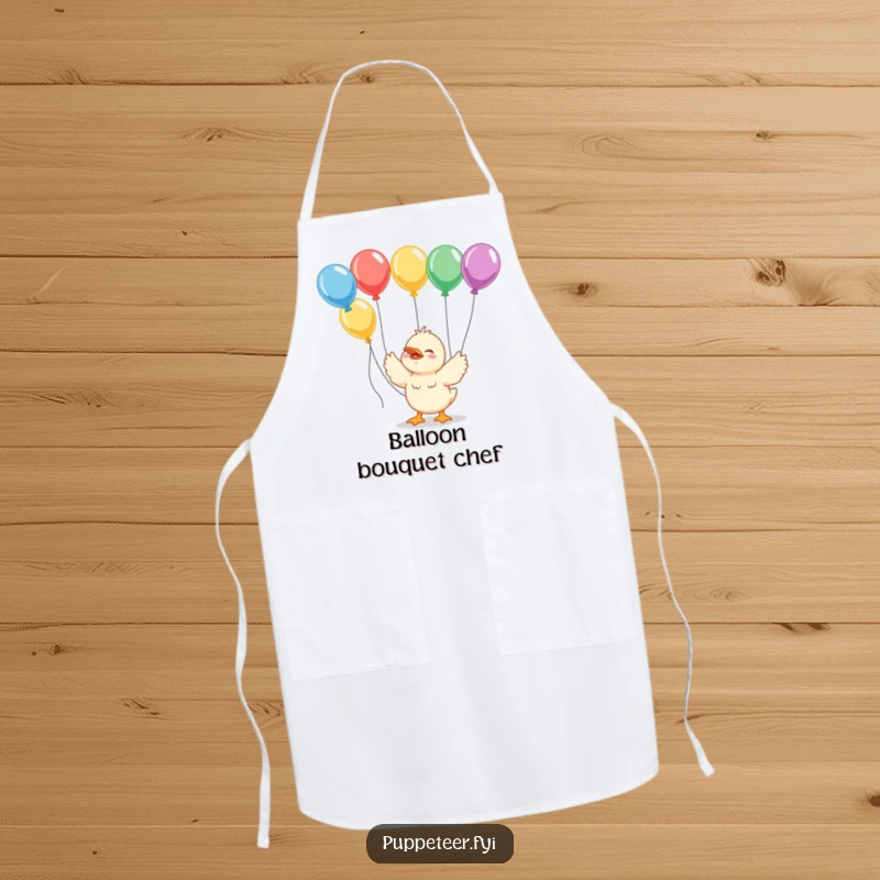 Funny giggling duckling apron with strings connected to colorful balloons, perfect for cheerful kitchen fun.