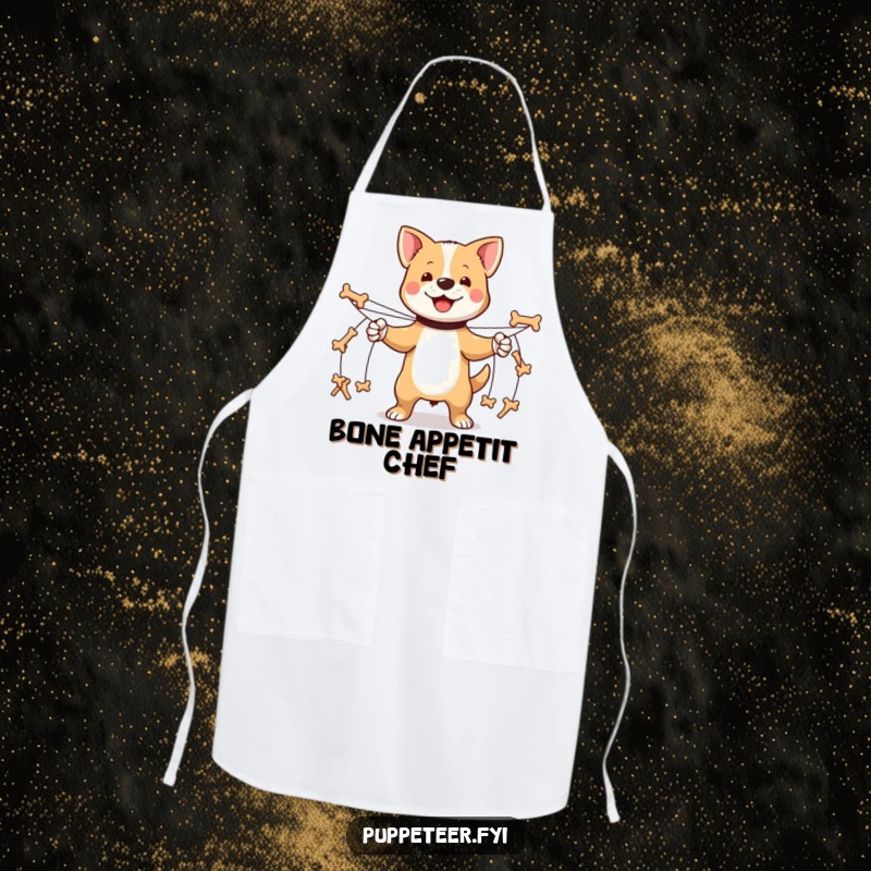 Funny proud dog apron with multiple strings controlling tiny bone-shaped puppets marching, perfect for kitchen command.