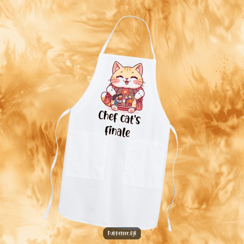 Funny apron with a giggling cat character proudly displaying a puppet show stage with figures, great for a fun cook.