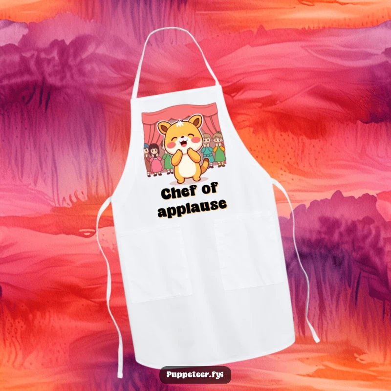 Funny Apron: Joyful animal character bowing to an applauding puppet audience, ready for kitchen applause with humor.