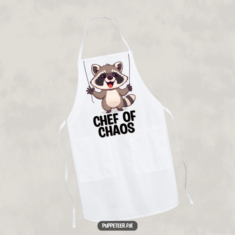 Funny Raccoon Apron: Cheeky raccoon gestures enthusiastically with puppet-control strings, ready for kitchen adventures and fun.