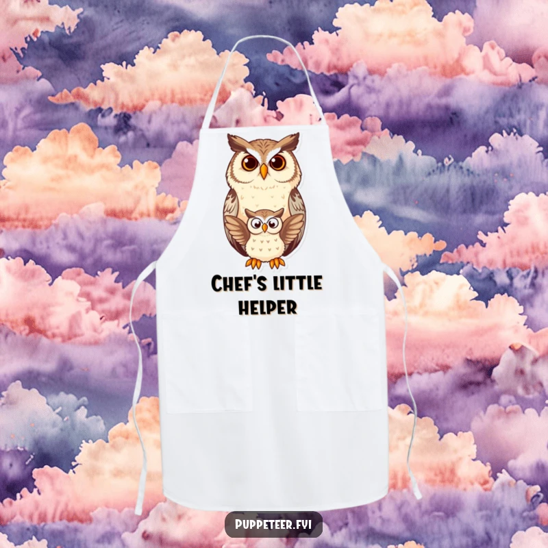 Funny owl apron design with a wise owl overseeing a small owl puppet flapping, ideal for humorous kitchen endeavors.