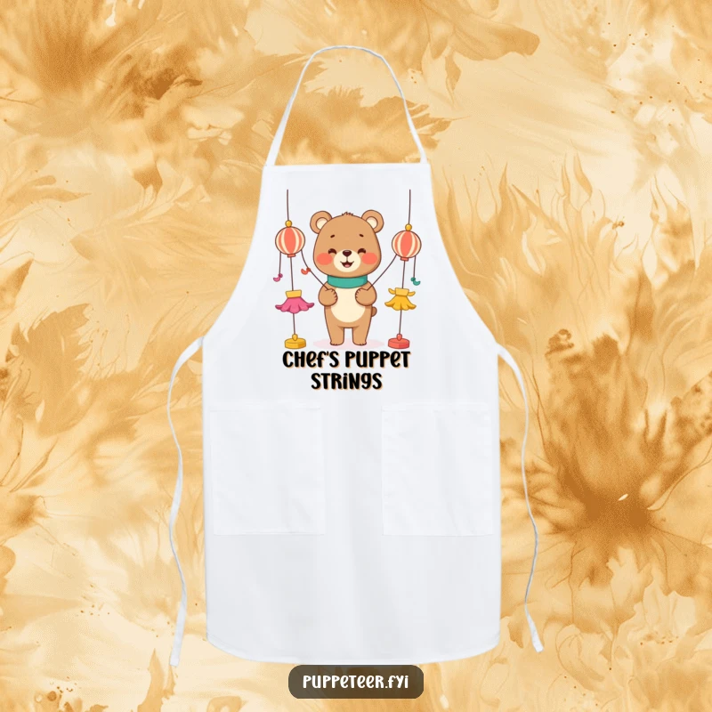 Funny apron featuring a smiling bear character manipulating strings to make puppets dance, perfect for a humorous cook.