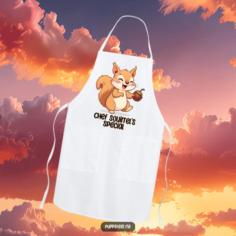 Funny squirrel apron showing a giggling squirrel making a nut puppet hop, perfect for kitchen fun and adding playful humor.