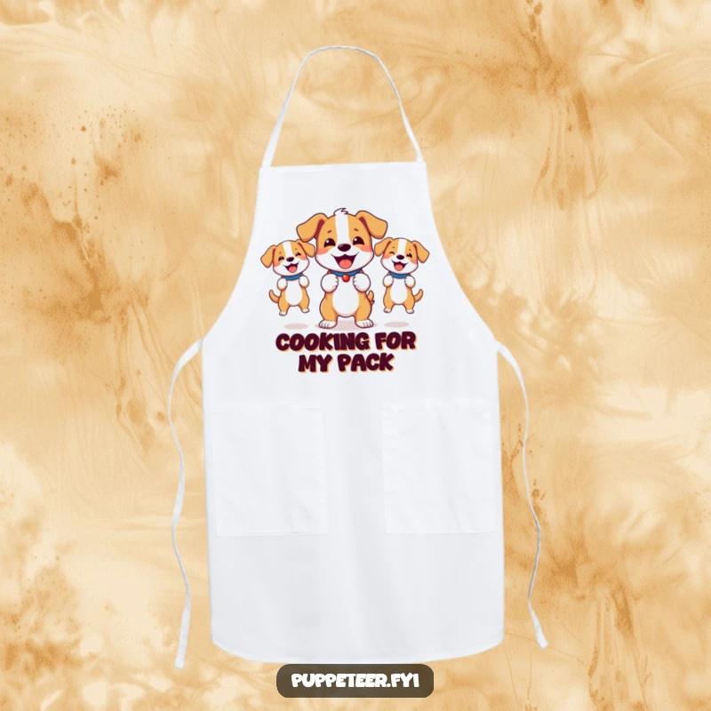 Funny apron with a bouncy dog joyfully controlling energetic dog puppets, adding humor to cooking.
