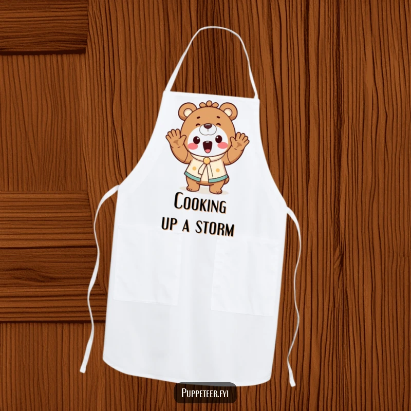 Funny bear puppet master apron showing a cheerful bear waving hands, making a tiny puppet dance, ideal for kitchen fun.