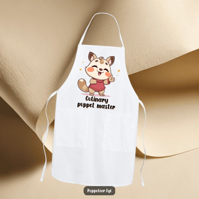 Funny Apron: A giggling animal animator controls a puppet doing a silly jig, wear this for playful cooking.