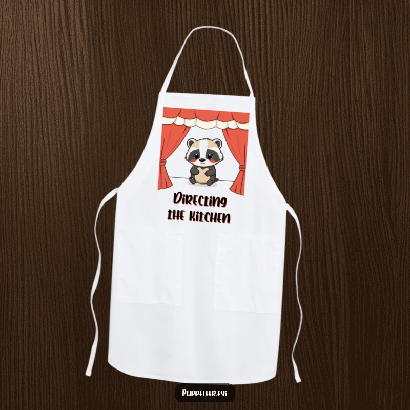 Funny apron with a focused badger operating a puppet show stage, adding humor to kitchen duties.