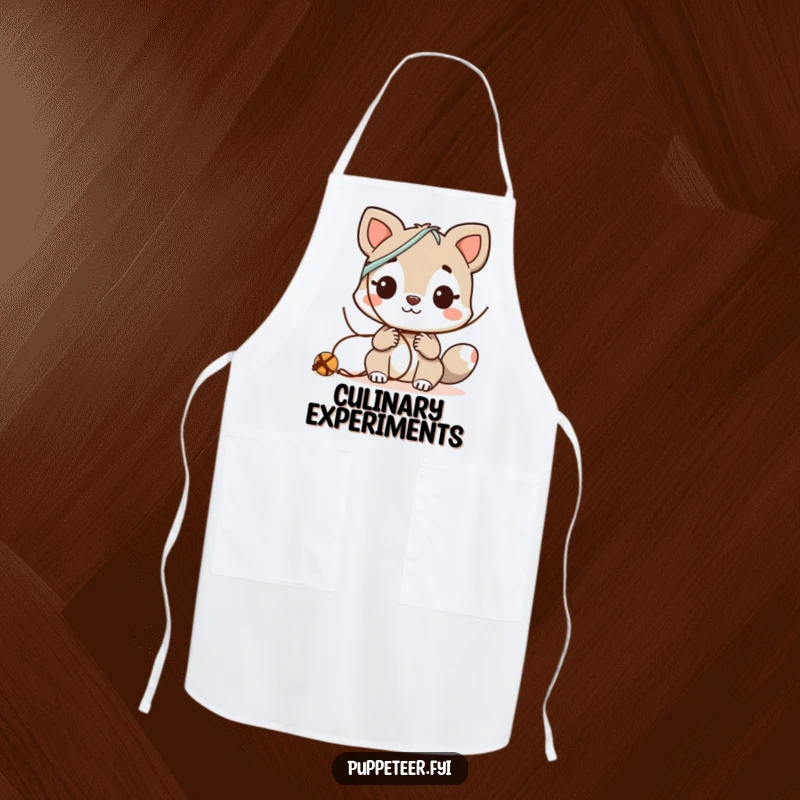 Funny Apron: Curious animal character experimenting with string combinations, ready for kitchen innovations with humor.