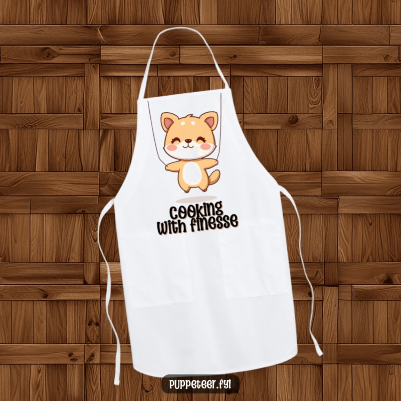 Funny Apron: A kitchen apron showing a playful animal character using two strings to make a puppet jump, for a fun culinary adventure.