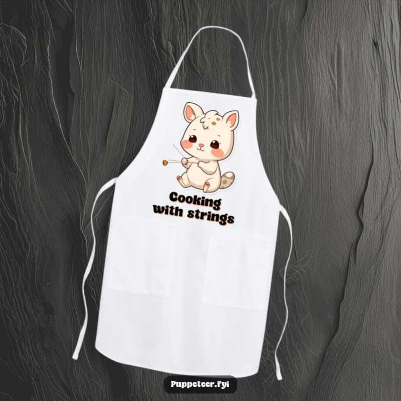 Funny Apron: Cheerful animal character concentrating on puppet strings, ready to perform in the kitchen with a humorous touch.