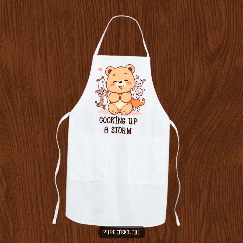 Funny bear cub apron showing a cheerful bear cub bowing with its happy, dancing animal puppets, a humorous and fun kitchen accessory.
