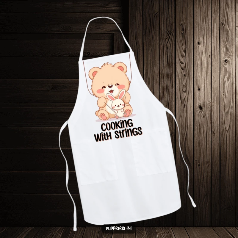 Funny fluffy bear cub joyfully manipulating strings of a smaller, smiling bunny puppet, durable kitchen apron, adding humor to cooking.