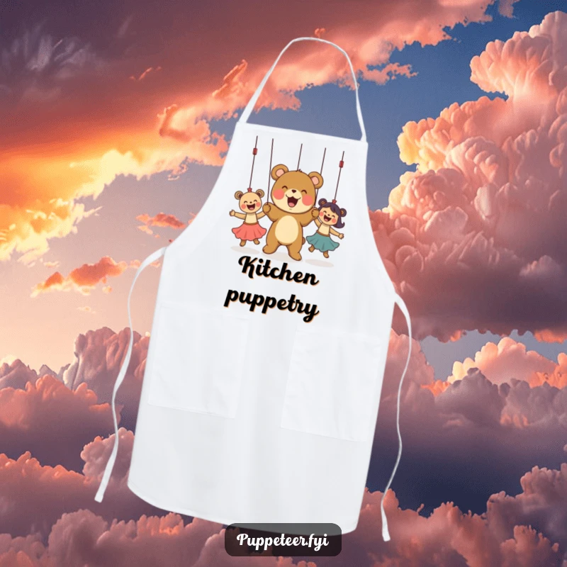 Funny Apron featuring a delighted bear cub controlling dancing puppets, adding a humorous and masterful touch to kitchen activities.