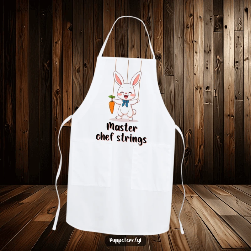 Funny bunny puppet master apron featuring a cute rabbit puppet master making a carrot dance on a string, ideal for culinary fun.