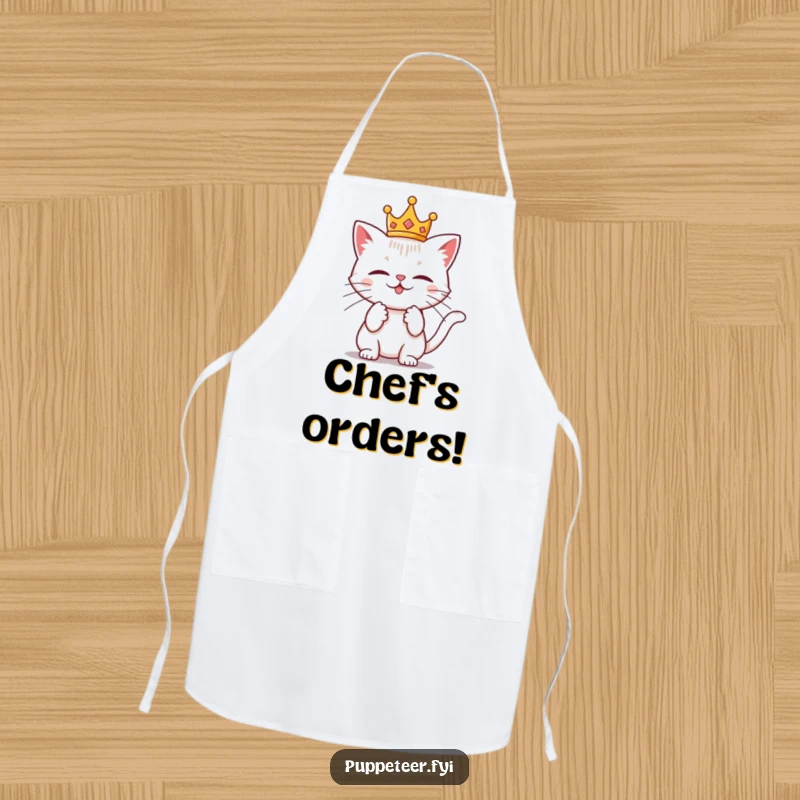 Funny apron with a mischievous cat wearing a tiny crown, tugging on invisible strings, ideal for a playful and commanding chef.