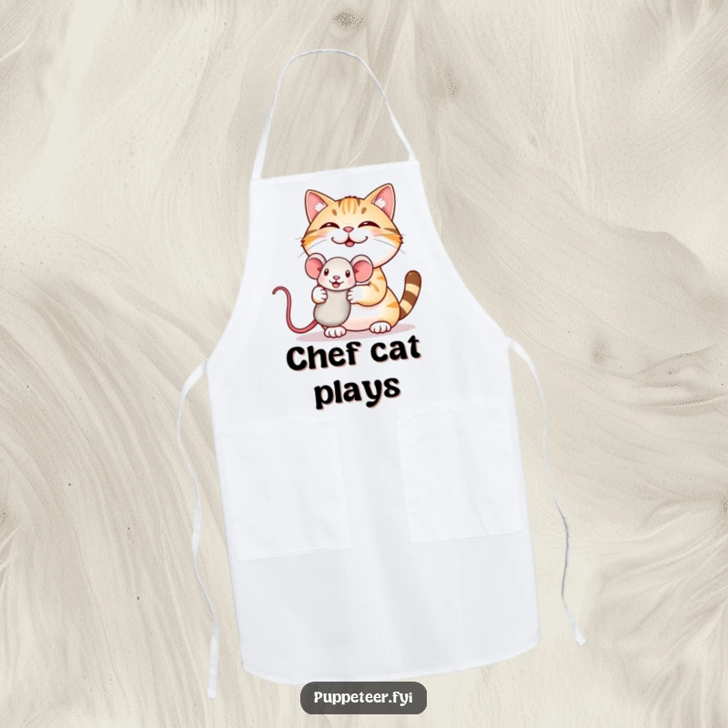 Funny apron with a giggling cat proudly showing off a mouse puppet, perfect for chefs who love cats.