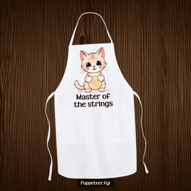 Funny Cat Apron: A mischievous cat puppeteer wiggles strings to make a yarn ball puppet bounce while cooking or cleaning.