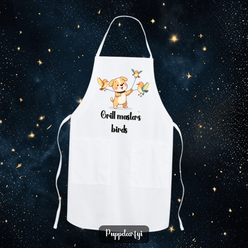 Funny apron with a playful dog character pulling strings to make bird puppets flap their wings, great for a fun cook.