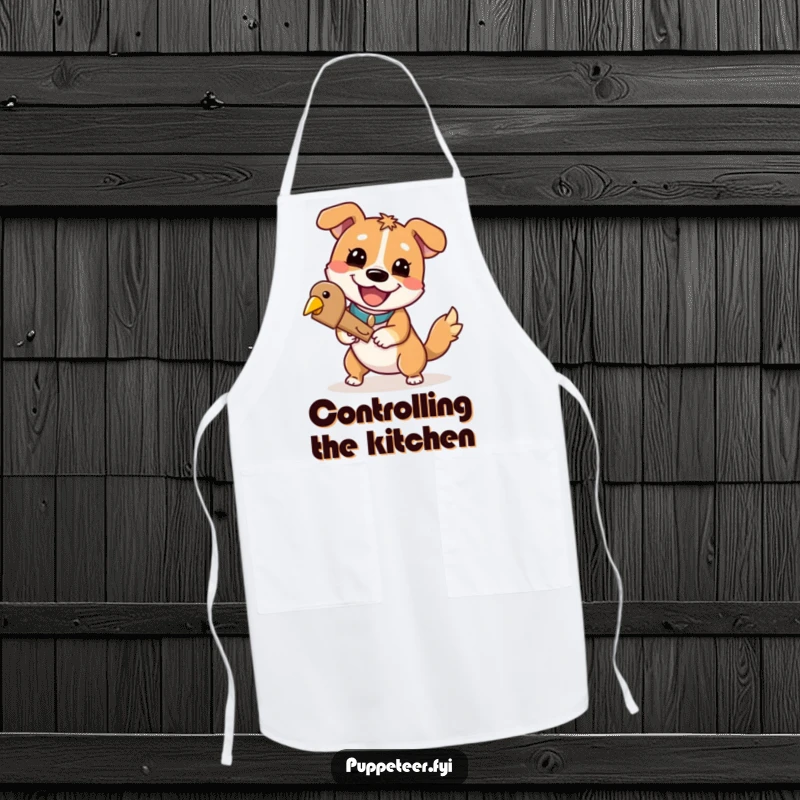 Funny dog apron: a playful dog with a cheerful grin masterfully controls a wooden bird while in the kitchen.