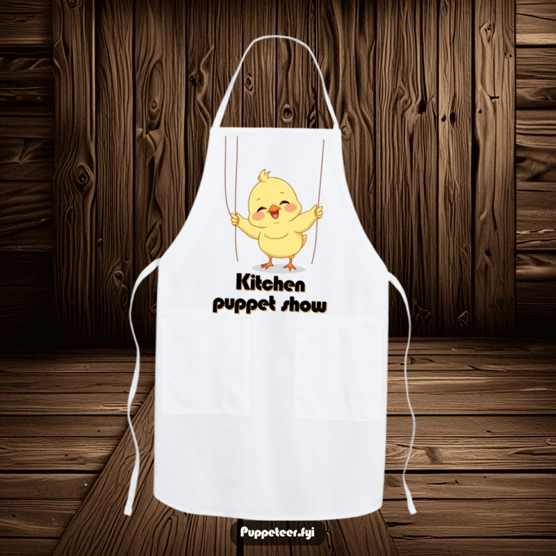 Funny chick apron with a giggling chick enthusiastically wiggling puppet strings for a small audience, for humorous and joyful cooking.