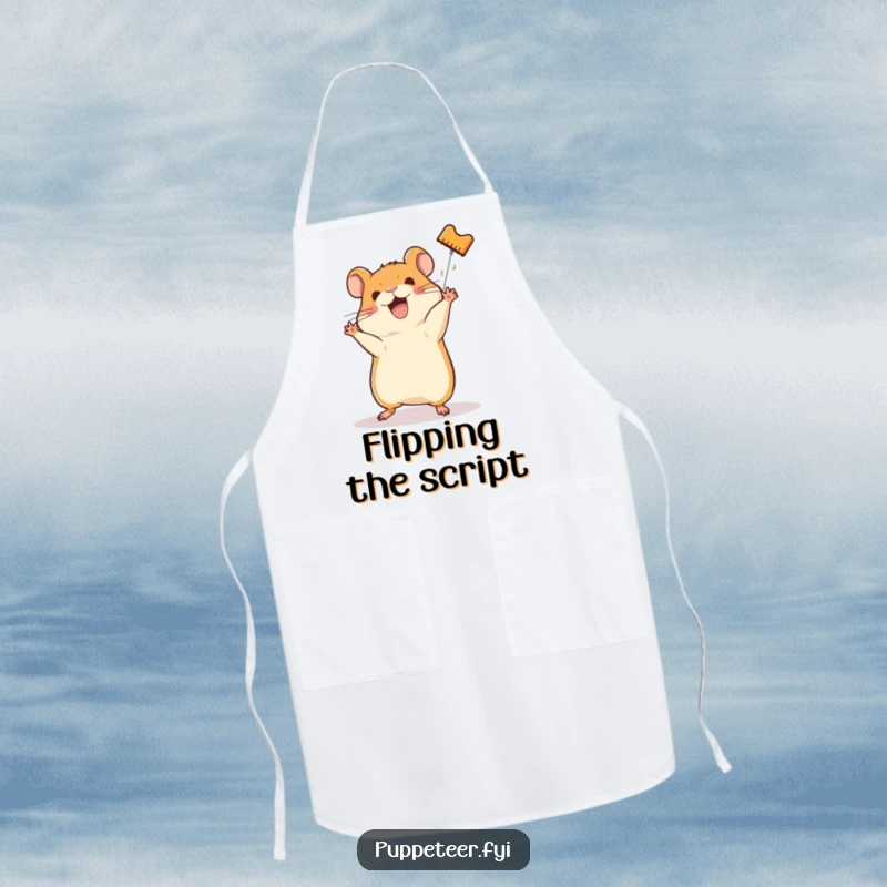 Funny apron showing a happy hamster directing a hamster puppet in a somersault, great for a playful cook.