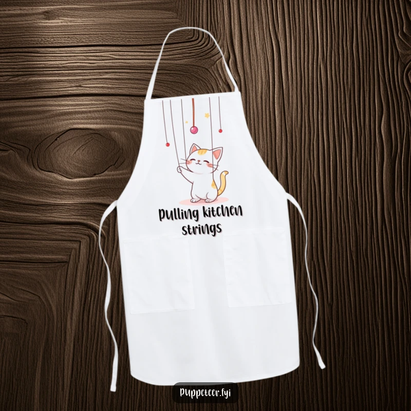 Funny Kawaii cat batting playfully at puppet strings in the air apron, depicting a cute cat playing puppeteer while protecting you from kitchen mishaps.
