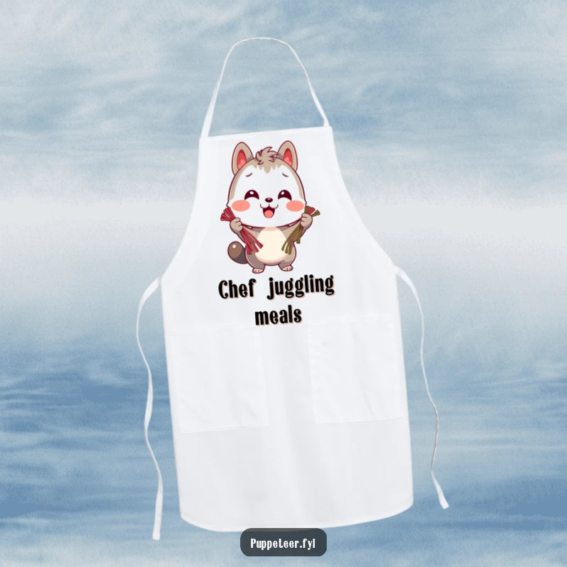 Funny apron with a cheerful animal character holding multiple strings, ideal for chefs who excel at organized kitchen multitasking.