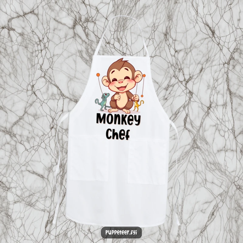 Funny Monkey Puppet Master Apron featuring a delighted monkey concentrating on intricate puppet movements, a humorous gift for chefs.