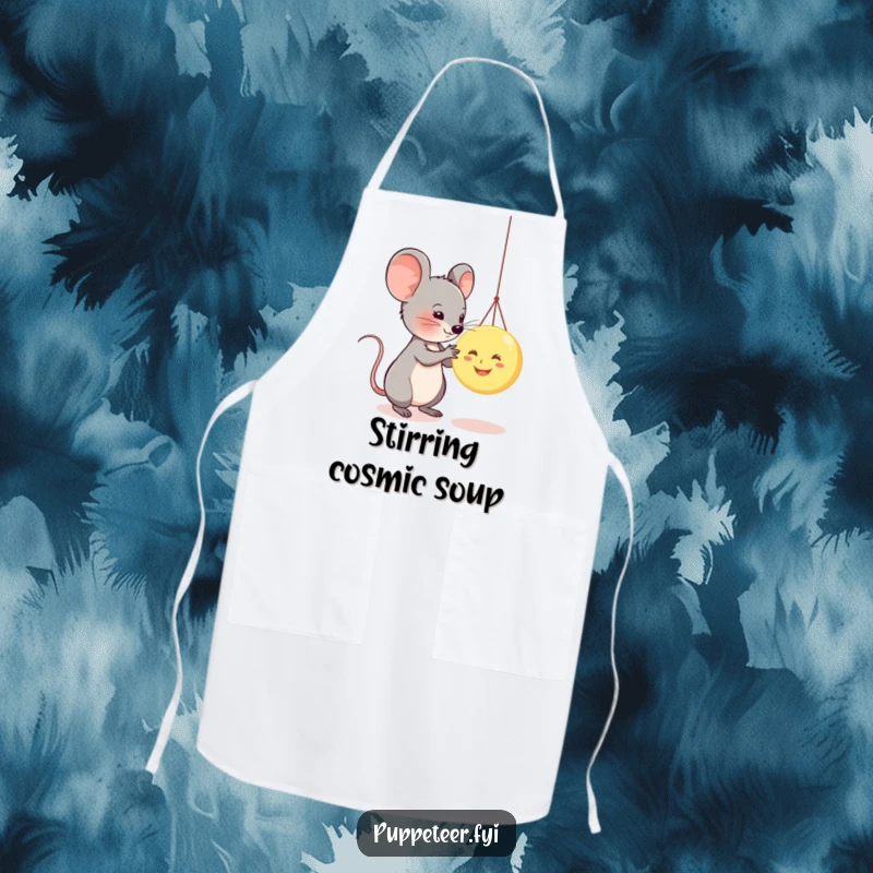 Funny apron with a mouse puppeteer and a smiling moon puppet, perfect for kitchen fun and creative cooking.