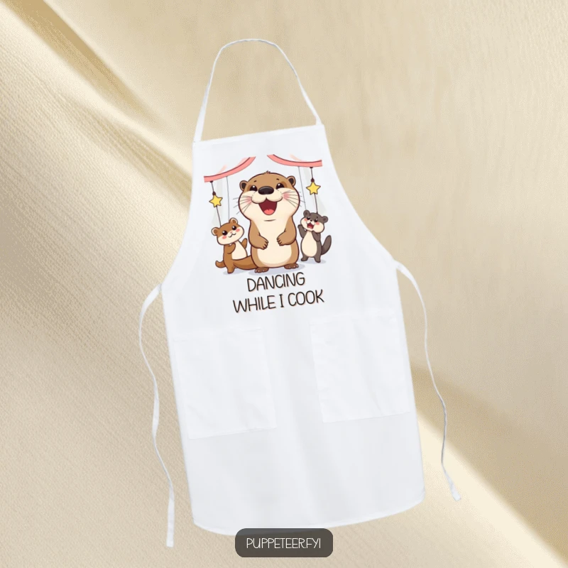 Funny apron with a jolly otter making animal puppets dance, adding humor to cooking.