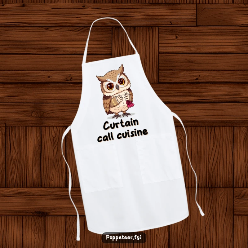 Funny wise owl looking on as a small, handcrafted puppet takes a bow, ideal for kitchen theatrics.