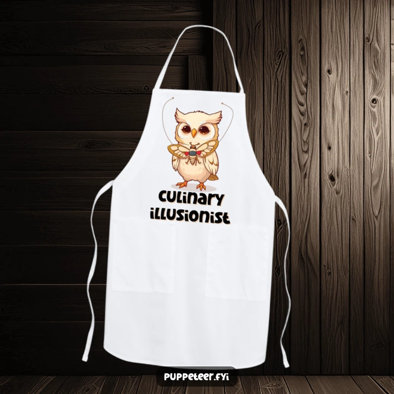 Funny apron with a whimsical owl character making a moth puppet fly using delicate strings, ready for magical cooking.