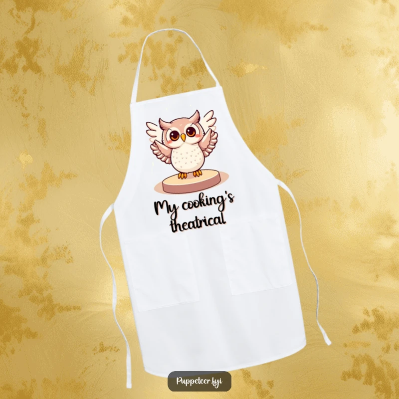 Funny apron showcasing a cheerful owl illuminated in a spotlight, its wings performing a grand gesture, ideal for a humorous cook.
