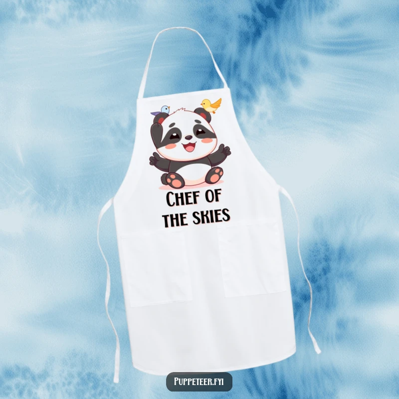 Funny apron with a joyful panda making a tiny bird puppet fly, perfect for kitchen fun and panda lovers.