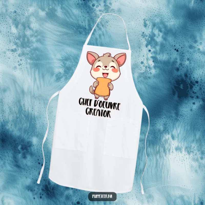 Funny Apron: A delighted animal proudly holds a finished puppet, perfect for wearing while creating masterpieces.