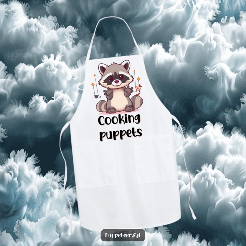 Funny apron featuring a dexterous kawaii raccoon manipulating puppets, ideal for creative projects and protection.