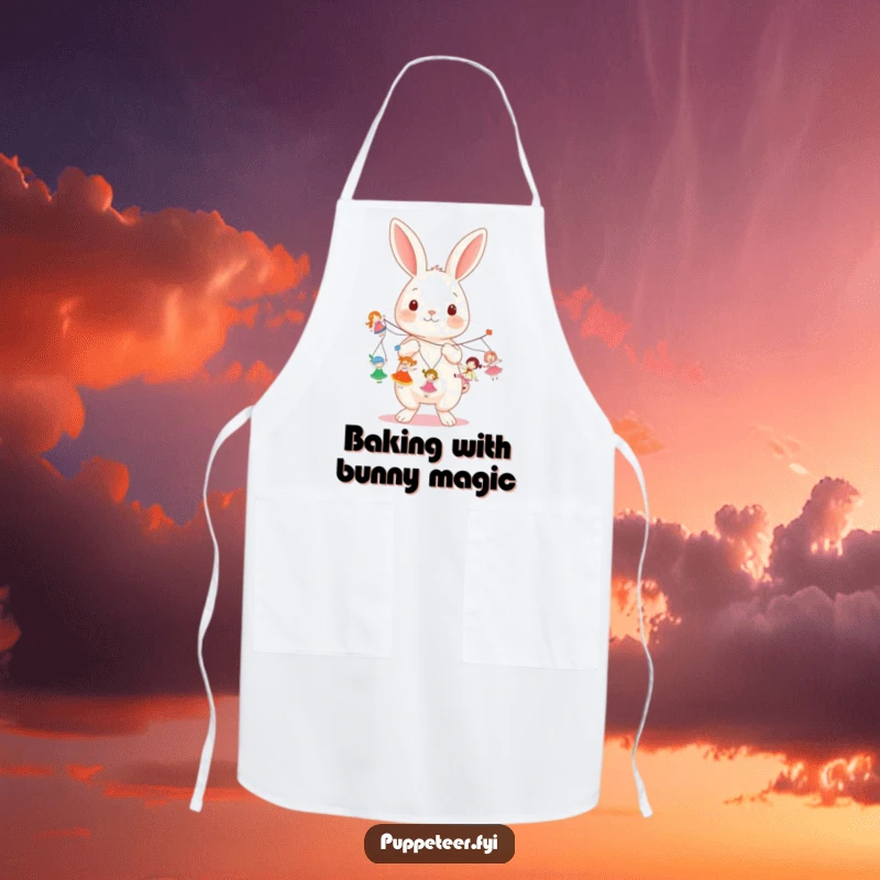 Funny kawaii rabbit holding multiple strings, making small dolls dance on a cooking apron, ideal for a funny gift.