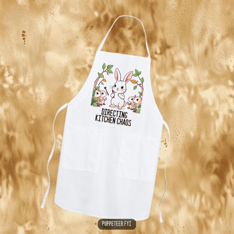 Funny apron showing a determined rabbit conducting leaf puppets with a tiny baton, perfect for a whimsical gardening session.