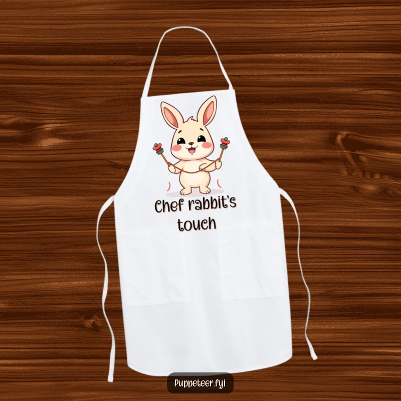 Funny apron with a cheerful rabbit character guiding string puppets with a delighted expression, great for a fun cook.