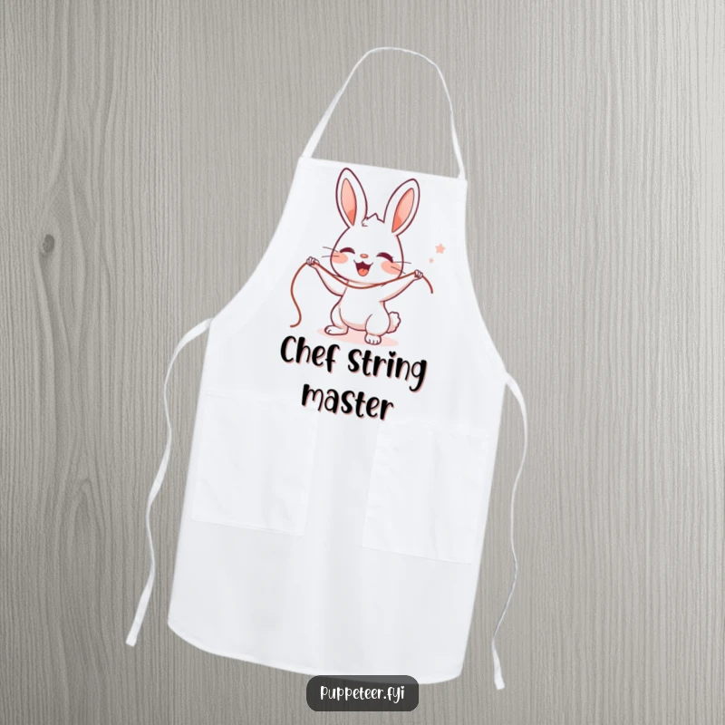 Funny Rabbit Puppet Master Apron featuring a cute, delighted character managing strings, a humorous gift for chefs.