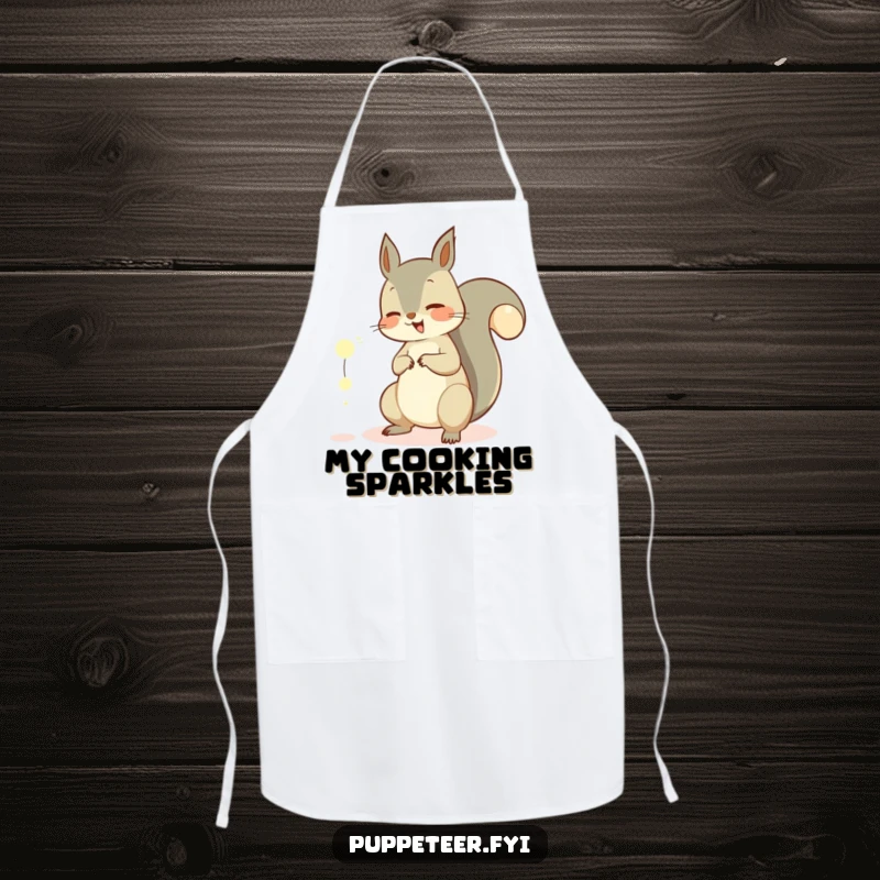 Funny apron with a giggling squirrel using its tail to manipulate glowing orbs, ideal for a kitchen filled with magical creativity.