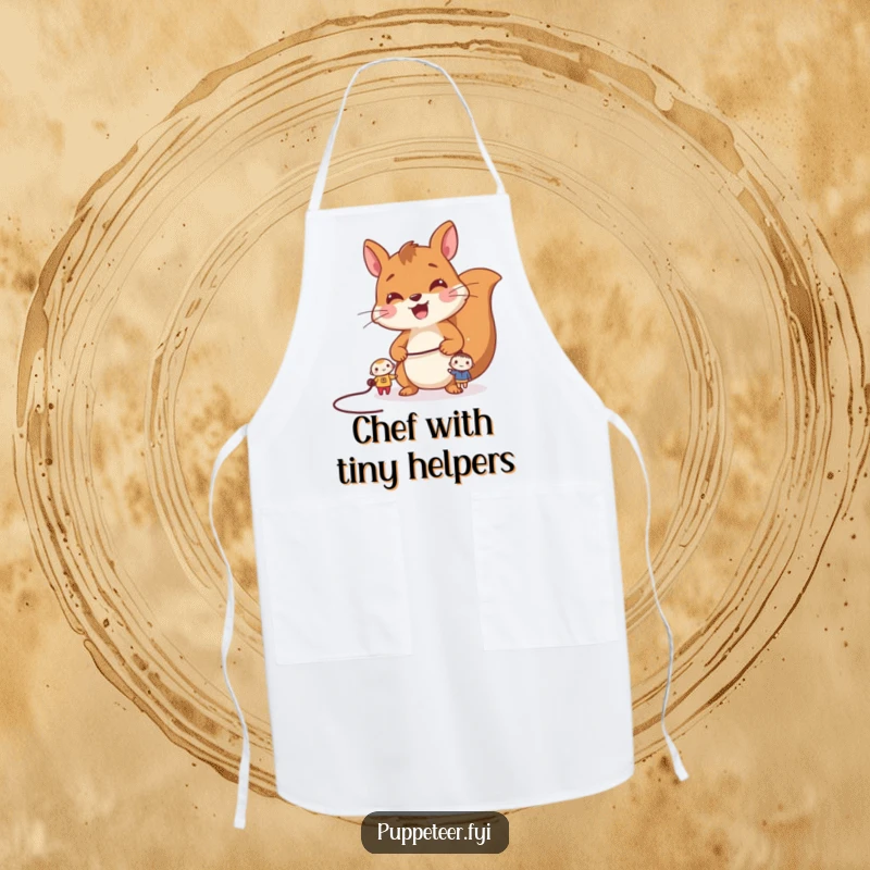 Funny squirrel apron with a cheerful squirrel controlling two tiny characters by a string, for humorous and playful cooking.