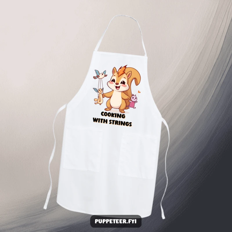 Funny kitchen apron with a giggling squirrel smiling widely while operating two flying puppet toys with strings.