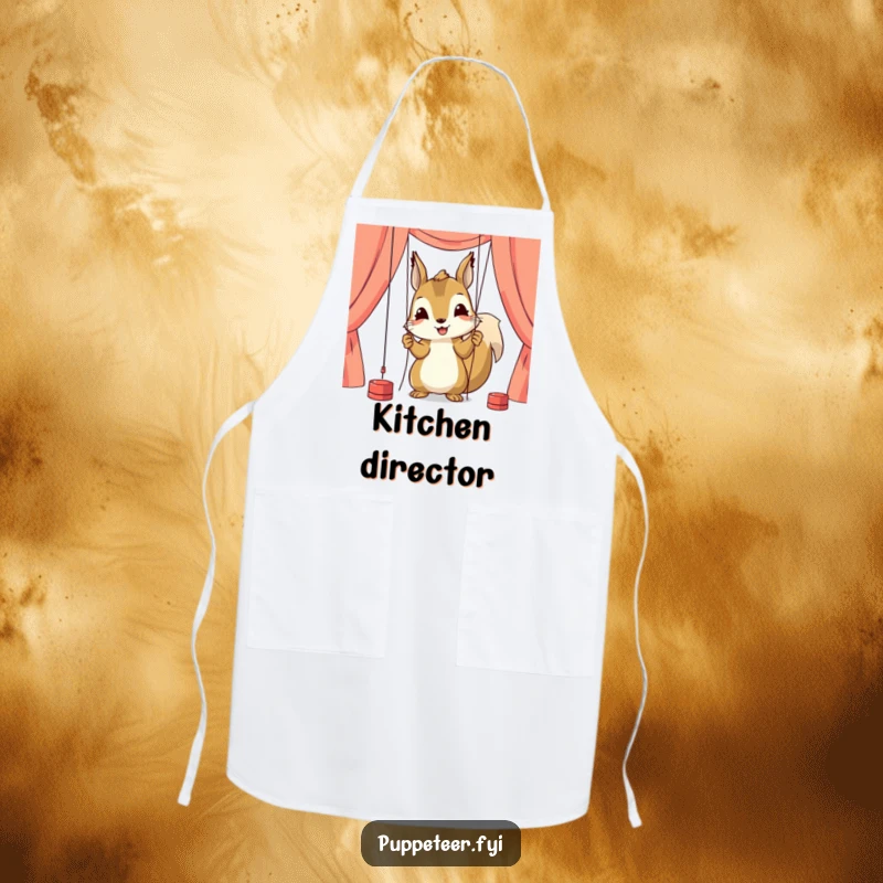 Funny apron with a happy squirrel character carefully adjusting puppet strings, symbolizing focus and skill in the kitchen.