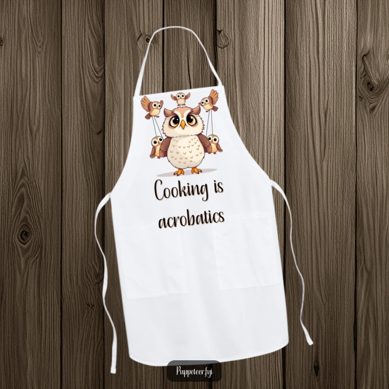 Funny apron with a surprised owl watching owl puppets perform acrobatics, adding humor to cooking.