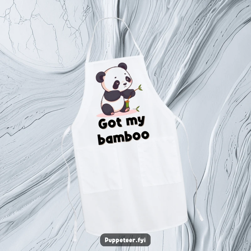 Funny panda apron design with a playful panda using sticks to animate a bamboo puppet, ideal for humorous cooking.