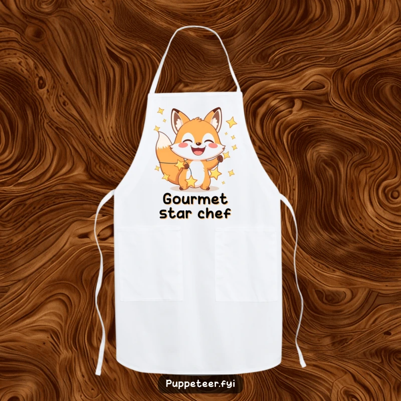 Funny happy fox apron with a wide grin manipulating a string of shining stars, perfect for culinary magic.
