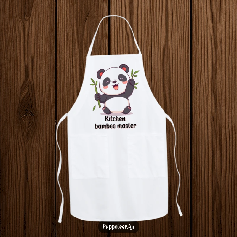 Funny Panda Apron featuring a playful panda making a bamboo stalk puppet sway, ideal for a fun cooking experience.