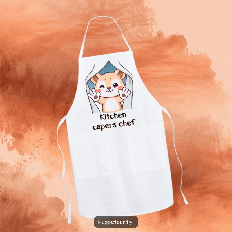 Funny Apron: Mischievous animal character hiding behind a curtain, waving puppet hands, ready for kitchen fun with humor.